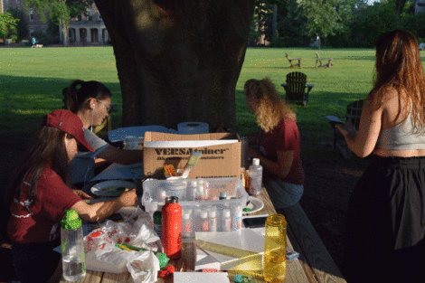 Janine Block '94 and two other students paint cacti on canvases at a picnic table by the Quad.