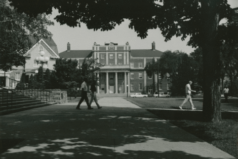 A partial view of the Phi Psi fraternity house on the left in the 1960s