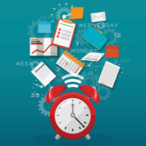 Illustrations of a clock, planner, notepad, graph, and other objects associated with scheduling and time management