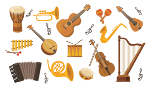 Illustrations of a collection of string, woodwind, and percussion musical instruments