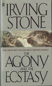 The cover of the book The Agony and the Ecstasy, featuring Michelangelo's painting The Creation of Adam