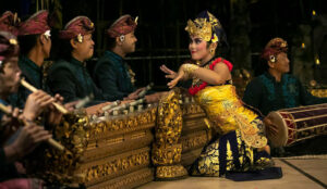 Musicians from the Balinese ensemble perform.