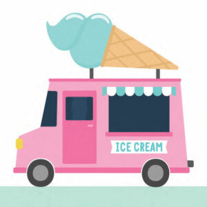 A drawing of a pink ice cream truck with a large green ice cream cone on top