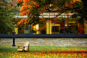 Exterior view of Skillman Library in autumn with leaves before it