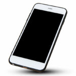 A smartphone with a black screen and white background
