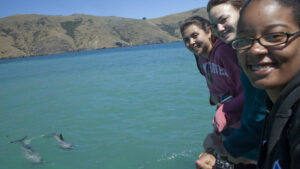 Three women students with water behind them and two dolphins swimming