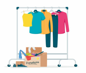 Illustration of clothes hanging on a portable metal rack and a box of donated clothes below