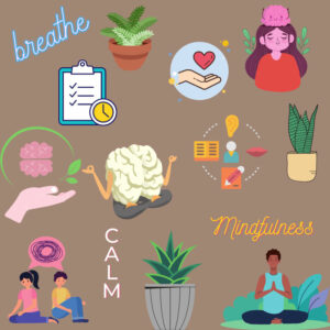 Illustrations of things associated with anxiety and relieving it, including a brain doing a yoga pose, a person doing yoga, a smiling brain, a plant, and a hand holding a heart