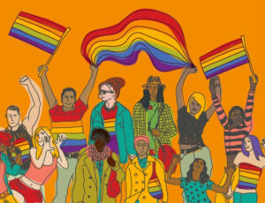 Illustration of people holding pride banners