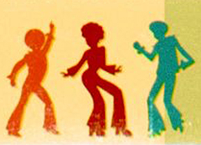 Illustration of three people with a '70s look dancing