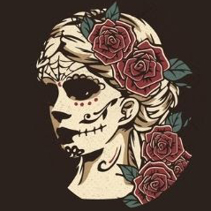 Illustration of a skull with red roses on it for Dia de Los Muertos
