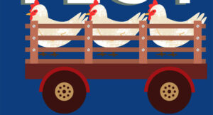 Illustration of three chickens in a wagon
