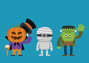 Illustrations of kid-friendly Halloween monsters: a jack-o-lantern man, a mummy, and a Frankenstein monster