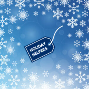Illustration of snowflakes on a blue background with a gift tag that says Holiday Helpers