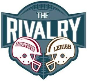 Illustration of a Lafayette football helmet facing a Lehigh one with a football above and the words The Rivalry