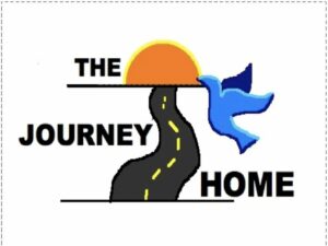Logo for The Journey Home, an illustration of a road leading to the sun plus a blue dove flying
