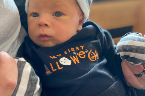 Sophia Eaton's baby wearing a shirt that says My first Halloween