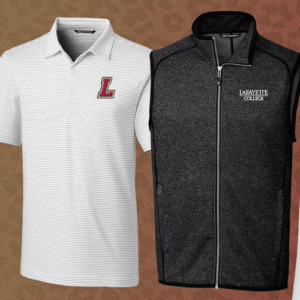 A white shirt with the Lafayette L on the chest area and a black vest with the words Lafayette College