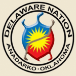 Logo for the Delaware Nation of Anadarko, Oklahoma, with what may be a shield that has a sunburst on it
