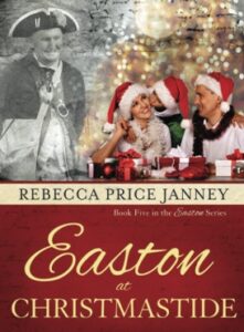 The cover of the book Easton at Christmastide, with three people in Santa hats, including a man kissing a woman on the cheek