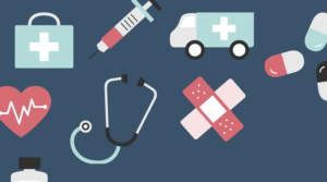 Illustrations of health professions items such as a stethoscope, band-aid, ambulance, pill, and heart