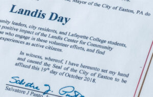 An image of a proclamation called Landis Day with the signature of Easton Mayor Sal Panto at the bottom