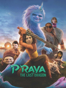 The poster for Raya and the Last Dragon, including the dragon, a warrior, and a couple of apparently mythical creatures, with the faces of Lafayette College librarians superimposed on the characters