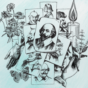 A drawing of posters of Shakespeare and others from his era, as well as flowers, a candle, and a hand