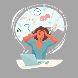 Illustration of a woman at a laptop with her hands on her head looking very stressed