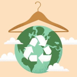 Illustration of the earth, with the recycling arrows on it, being held up by a wooden coat hanger amid white clouds