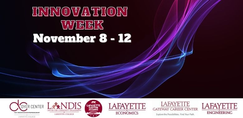 Logo for innovation week, with a black background and purple lasers
