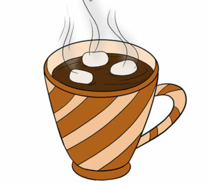 Illustration of a mug of hot chocolate with three small marshmallows on top