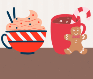 Illustration of two mugs of hot chocolate, one with whipped cream and sprinkles and the other with a candy cane in it and a gingerbread man leaning on it