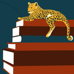 Illustration of a leopard sitting on a stack of books