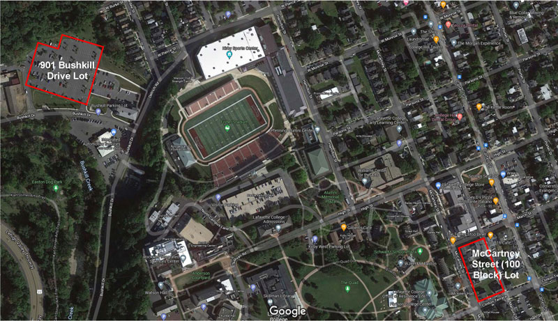 Google Earth view of the Bushkill Drive and McCartney Street parking lots at Lafayette College