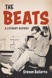Cover of The Beats by Stephen Belletto with a man wearing glasses reading a book while sitting down