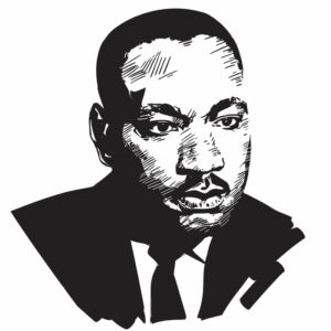 A black and white image of Martin Luther King Jr.