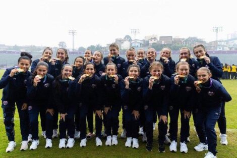 U.S. Women's Deaf National Soccer Team poses with their gold medals