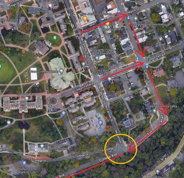 A map of the College Hill area shows the intersection of College Avenue and McCartney Street. With ongoing construction to the College's historic stairway, students are encouraged to use pedestrian crossings to the east on Cattell Street in lieu of the intersection of College Avenue and McCartney Street.