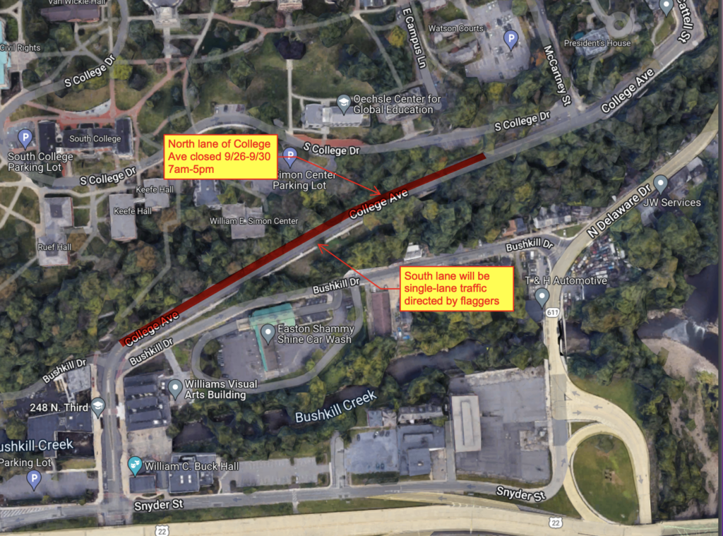 A map shows the portion of College Avenue that will be affected by a road closure. South lane will be single-lane traffic directed by flaggers;North lane of College Ave closed 9/26-9/30 7am-5pm