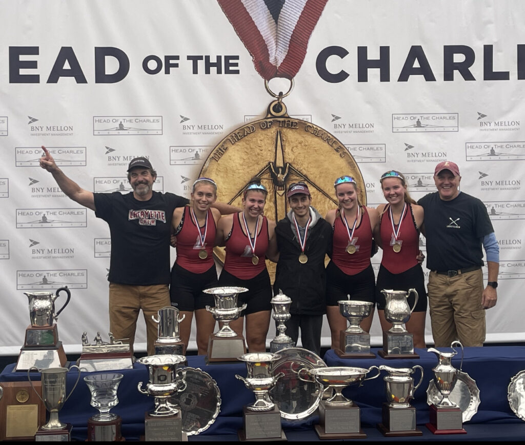The Crew Club Women's 4+ team (Lorentzen, Salbinski, Hammel, Walsh, & Comisky) finished first of 35 competitors with an impressive time of 18:37 to earn a gold medal at the Head of the Charles Regatta.