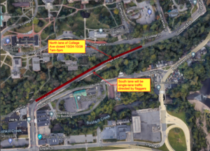 A Google Maps shot of the one lane closure that will affect College Avenue Oct. 24-28.