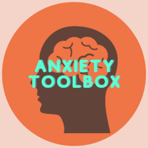 orange circle with an outline of a brain and the words Anxiety Toolbox