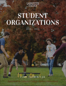 Cover of Lafayette College Student Organizations 2020-2021 magazine. Tagline: Find Your Niche, sponsored by Lafayette College Student Government