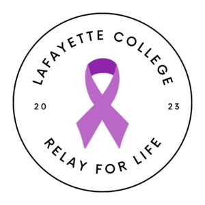 Lafayette College Relay for Life graphic (white circle with purple ribbon in center) 2023