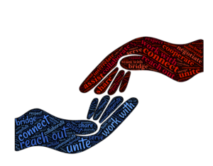 a red and blue hand embracing with words flowing through each (connect, cooperate, negotiate, bridge, reach out)