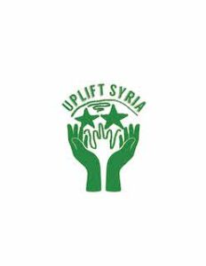 white background with green hands holding stars and the words Uplift Syria