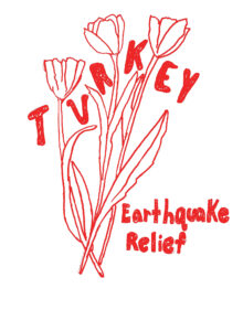 white background with red outline of flowers and lettering that says Turkey Earthquake Relief