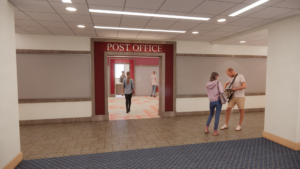 A rendering shows people walking by the proposed version of the post office.
