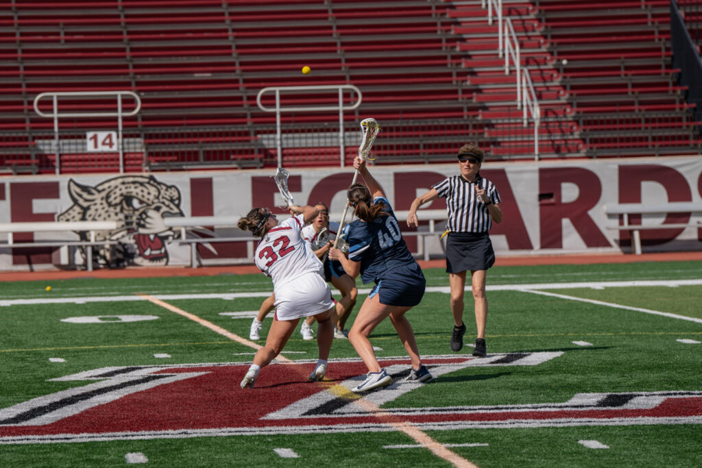 Two Lacrosse players mid face-off jumping for the ball.